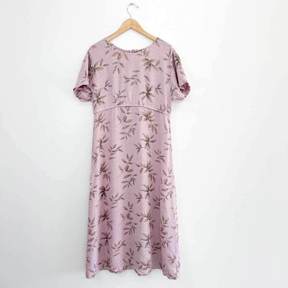 J. Jill Women’s Vintage Lilac Purple Linen Printed Brown Leaves Maxi Shirt Dress